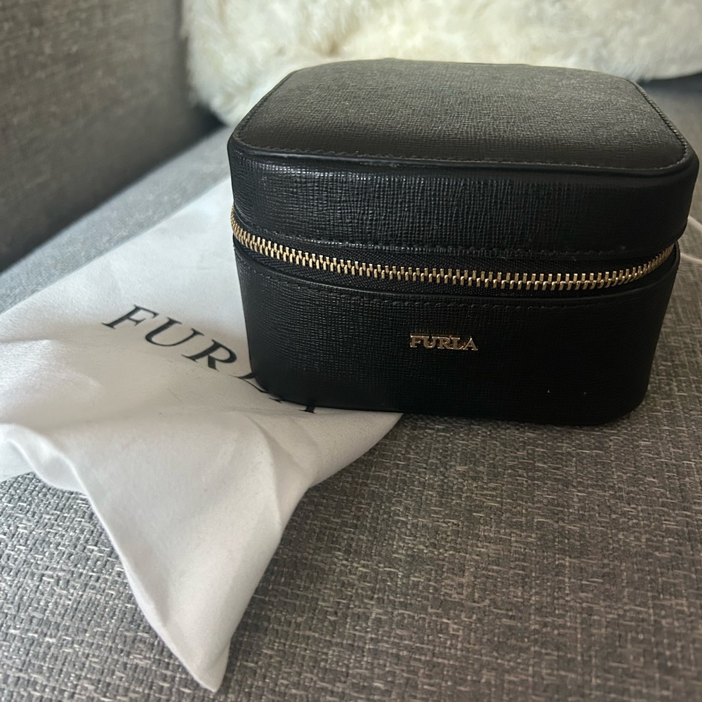 Furla Black Leather Jewelry Box with Gold Accents
